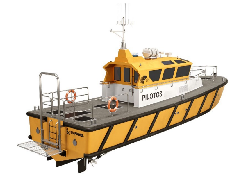 Render 3D do barco de pilotos SEAPOWER 1500 — 15 m, 100% elétrico, casco em HDPE